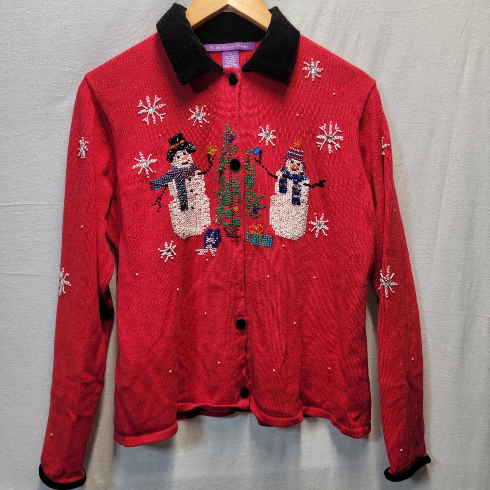 In‎ the Dream Garden Black Christmas Knit Sweater Cardigan Women's Size Large